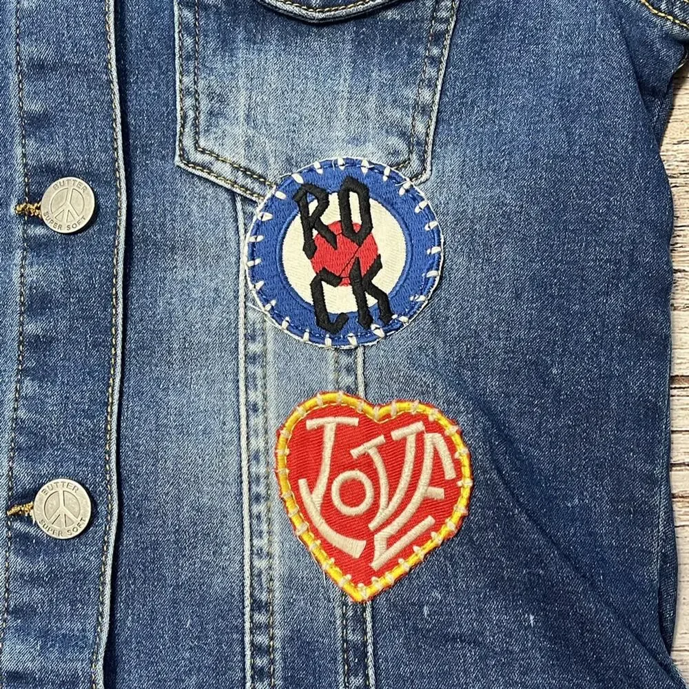Butter Girls Dark Denim Jacket With Patches Large - Picture 4 of 6